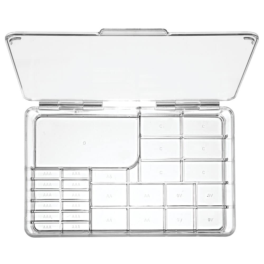 mDesign Plastic Large Stackable Divided Battery Storage Organizer Box with Hinged Lid for AA, AAA, C, D, 9 Volt Sizes, Great Storage for Kitchens, Home Offices, and Utility Rooms - Clear