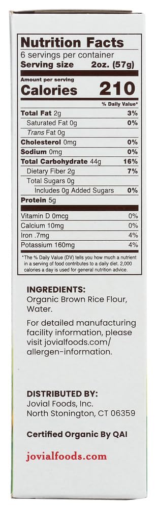 Jovial Whole Grain Brown Rice Elbows Pasta -Whole Grain Pasta, Organic, Gluten Free, Dairy Free, Brown Rice, Made in Italy - 12 Oz, 1 Pack