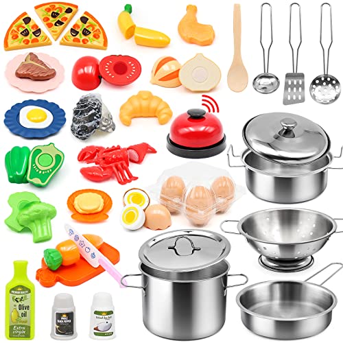 Kids Pretend Play Kitchen Accessories Set, 38Pcs Stainless Steel Play Pots Pans Sets for Kids, Toy Cookware Cooking Utensils Play Food Dish Toddler Kitchen Playset Gifts for Boys Girls