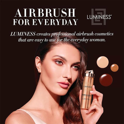 LUMINESS Silk Airbrush Spray Foundation & Buffing Brush Kit – Full Coverage Foundation & Dual-Sided Buffing Brush - Buildable Coverage, Anti-Aging Formula Hydrates & Moisturizes - Light Medium
