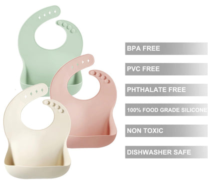 PandaEar Silicone Baby Bibs Set of 3 for Toddlers, BPA Free Waterproof Adjustable Feeding Bib with Large Pocket Food Catcher (Pink)