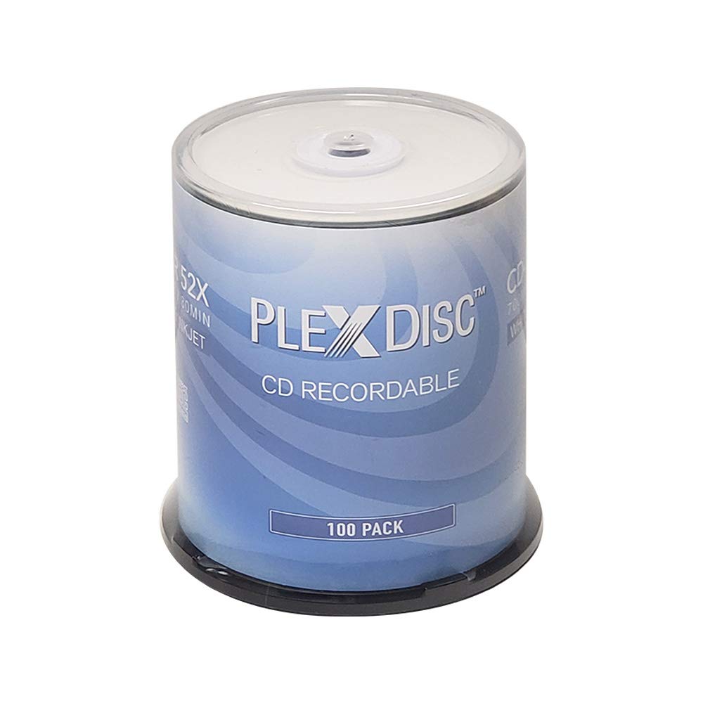 PlexDisc CD-R 700MB 52X White Inkjet Hub Printable Discs | 100 Pack Cake Box (FFP) | Blank CDs for Burning Music, Photos, Data | Writable Recordable Media