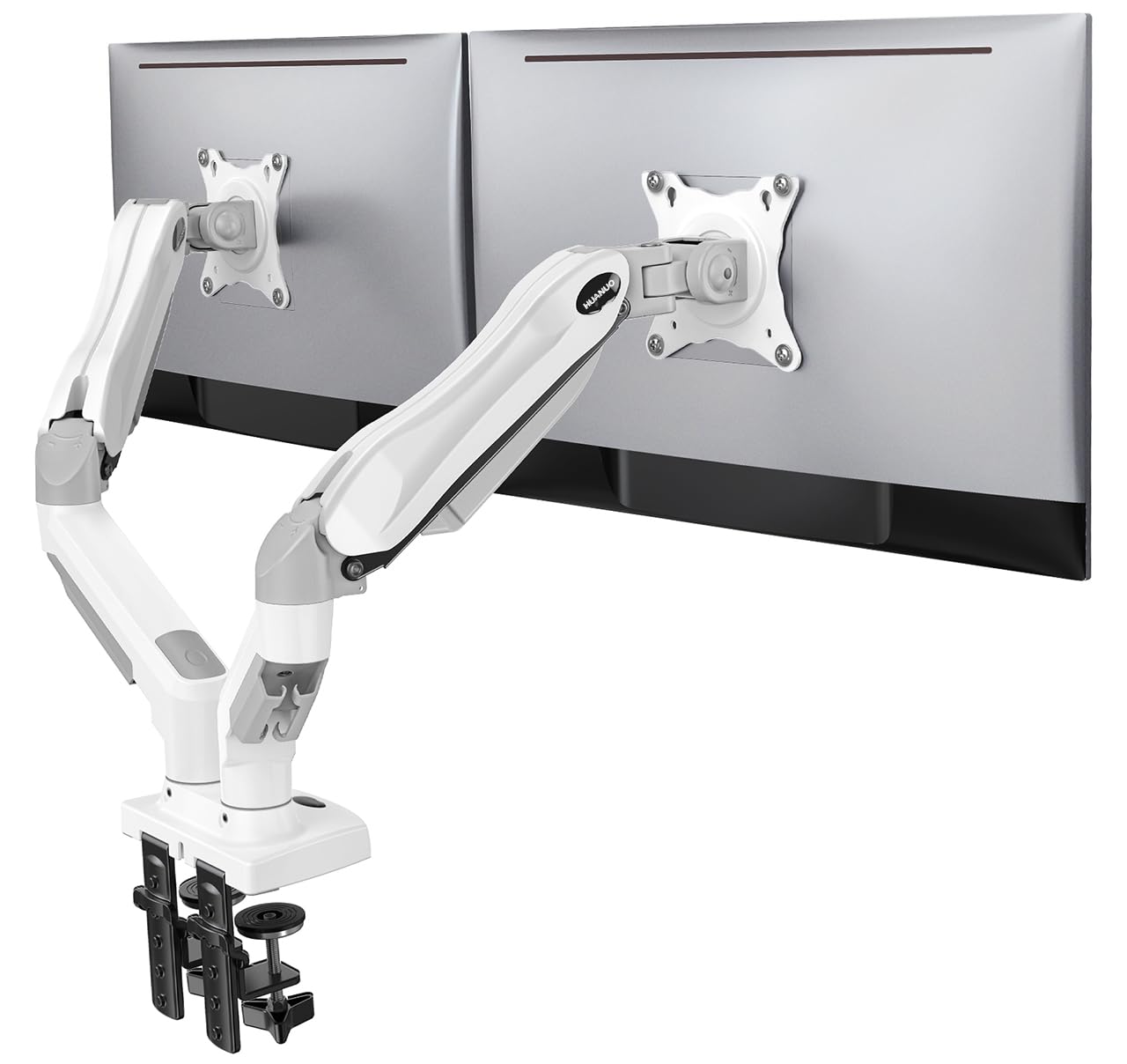 HUANUO Dual Monitor Stand - Full Adjustable Monitor Desk Mount Swivel Vesa Bracket with C Clamp, Grommet Mounting Base for 13 to 32 Inch Computer Screens - Each Arm Holds 4.4 to 19.8lbs - White