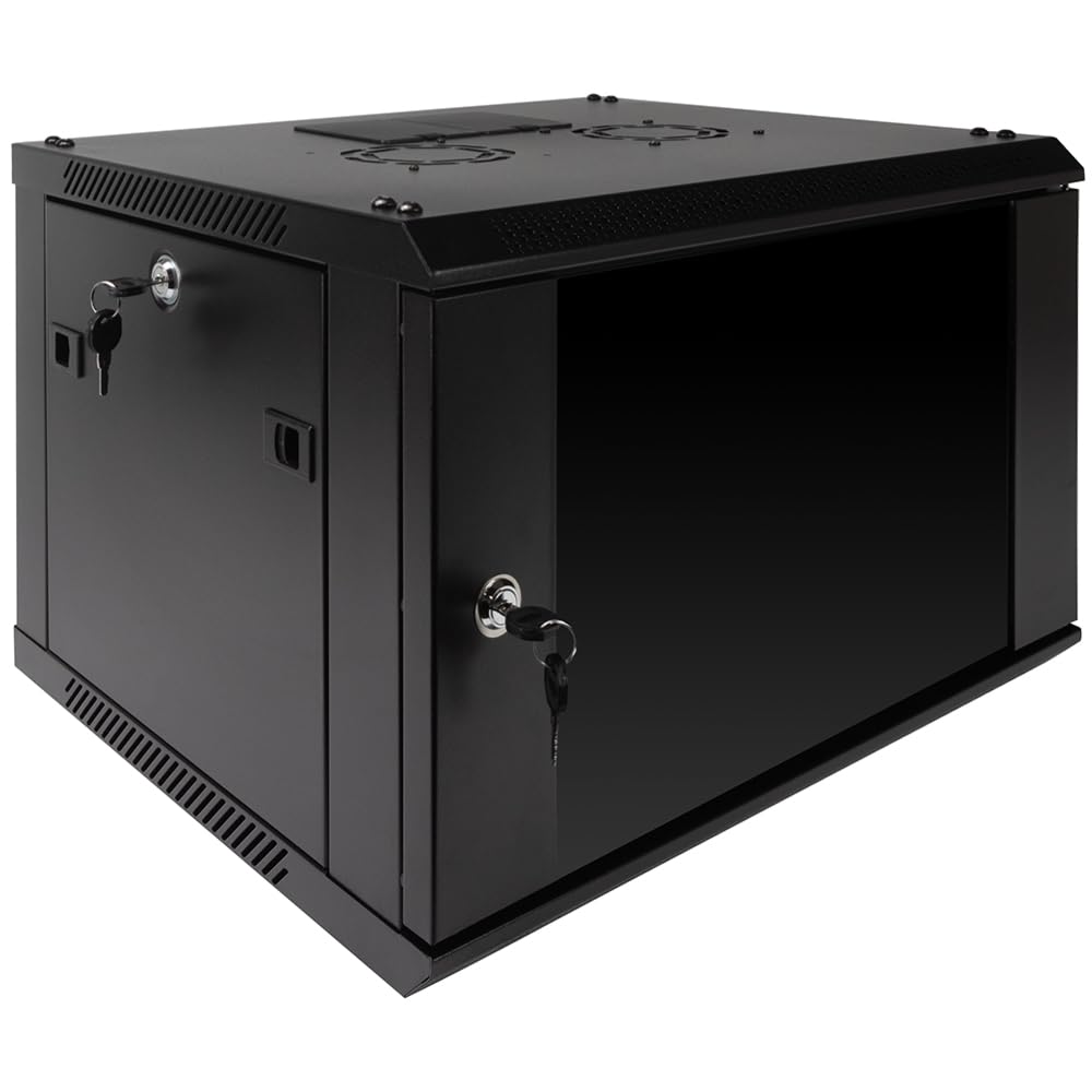 NavePoint 6U Server Rack Enclosure with Glass Door, Cooling Fan, Locks, & Removable Side Panels - 6U Wall Mount Network Cabinet 19 Inch Rack 17.7 Inches Deep