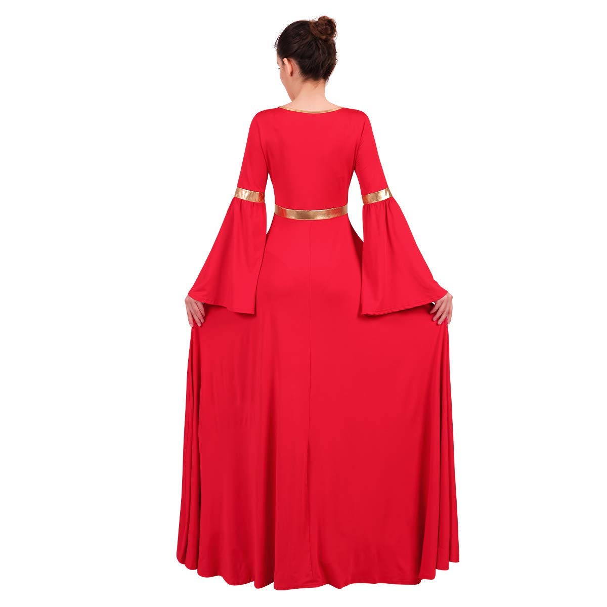 Metallic V Neck Women Adult Full Length Bell Long Sleeves Loose Fit Liturgical Praise Dance Dress Swing Casual Ballet Dance Costume Birthday Party Outfit Maxi Gowns Ballet Praisewear Red+Gold XS