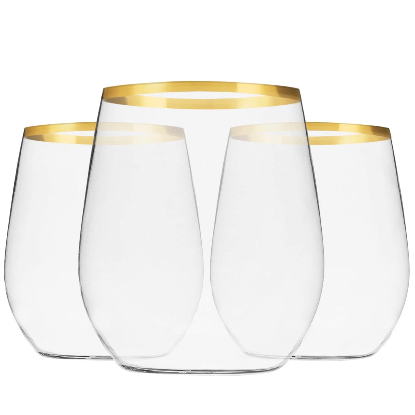 Munfix Plastic Stemless Wine Glasses with Gold Rim, Disposable Clear Plastic Cups 12 Oz - 24 Pack - Shatterproof Recyclable and BPA-Free