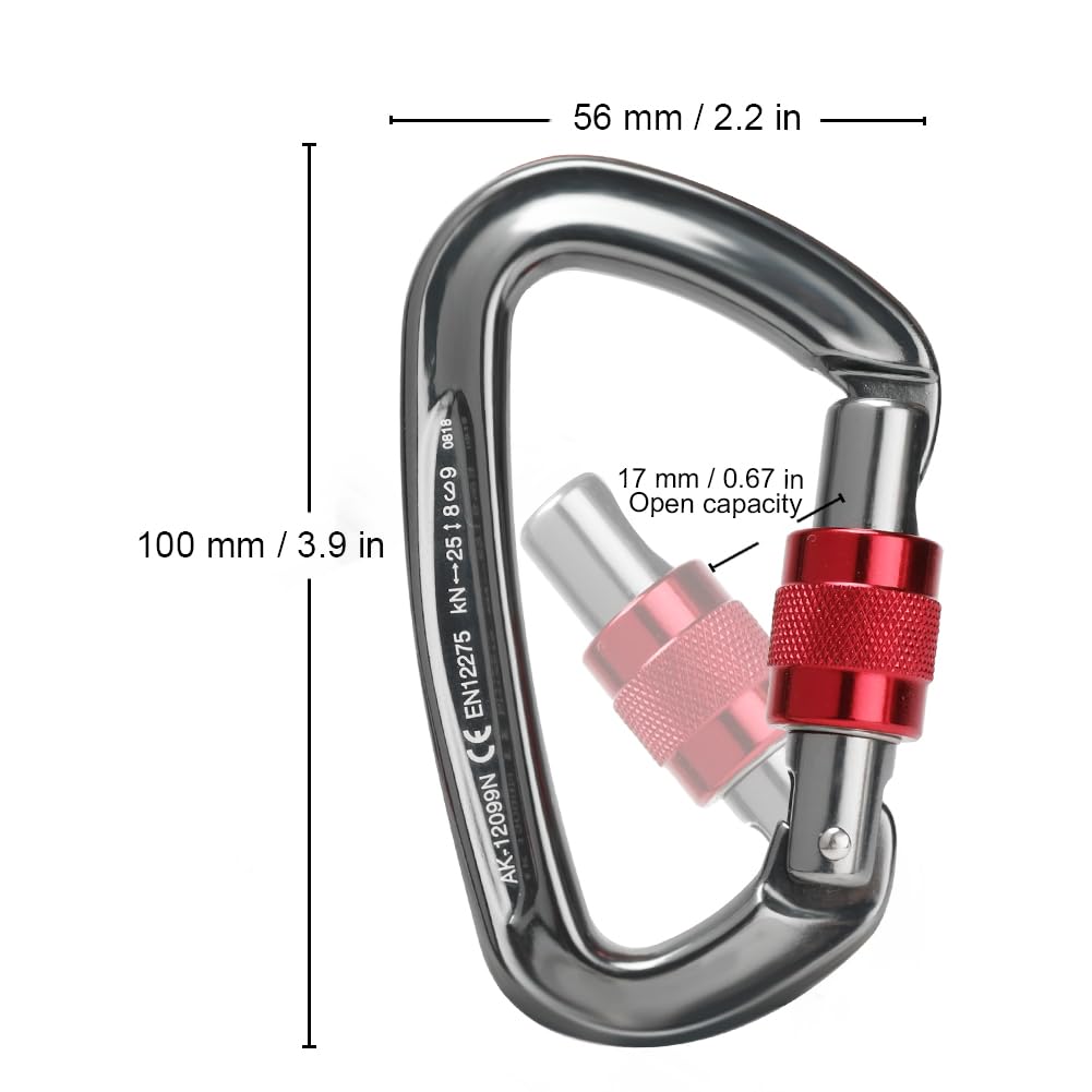 Locking Carabiner - 25kN 5600lb Climbing Carabiner Screw Gate D Shape Carabiner Silver (Pack of 5)