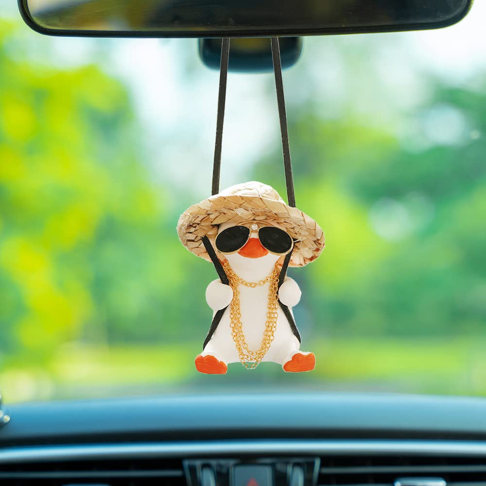 Qiwen Funny Swinging Duck Car Mirror Hanging Ornament - Cool Automotive Rearview Mirror Accessories for Men Women Teens, Cute Truck Car Pendant Charm Decor (Cool A)