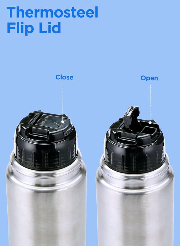 Milton Thermosteel Flip Lid 1000, Double Walled Vacuum Insulated Thermos 1000 ml | 34 oz | 1 Ltr | 24 Hours Hot and Cold Water Bottle with Cover, Stainless Steel, BPA Free,Leak Proof | Silver