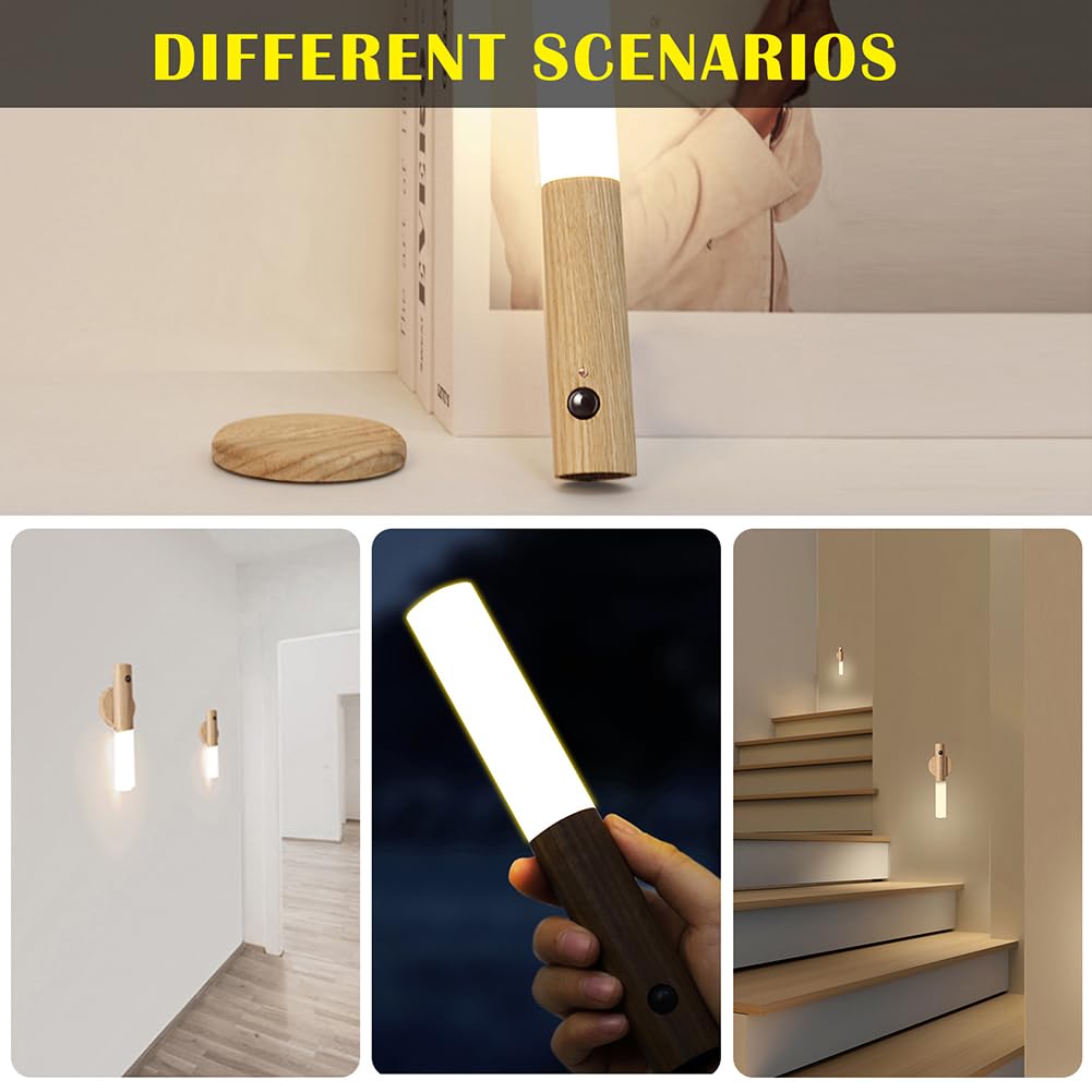 LANDGOO Wooden Motion Sensor Lights Indoor, Magnet Body Hallway Rechargeable LED Wireless Battery Operated Wall Sconce, Portable Decor Torch Night Lighting for Bedroom (Walnut Wood 2PCS)