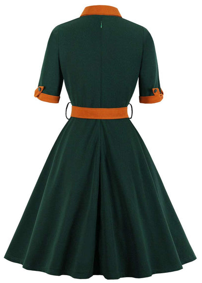 Nihsatin Women's Vintage-Inspired Green A-Line Dress with Orange Collar and Belt