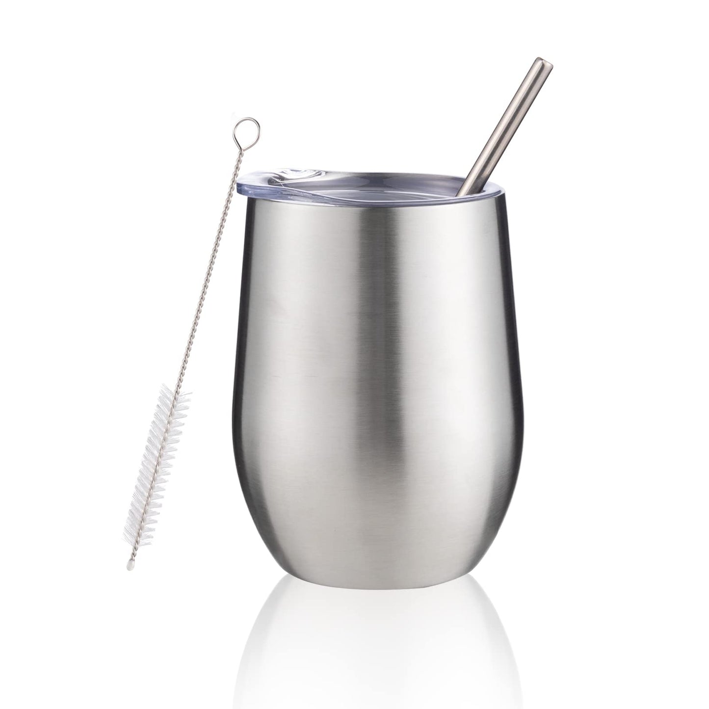 FristChoice 12 oz Insulated Wine Tumbler with Lid and Straw,Stainless Steel Stemless Wine Tumbler Glasses Double Wall Vacuum Wine Cups Tumbler for Coffee,Champaign,Cocktail,Office（Silver,1）