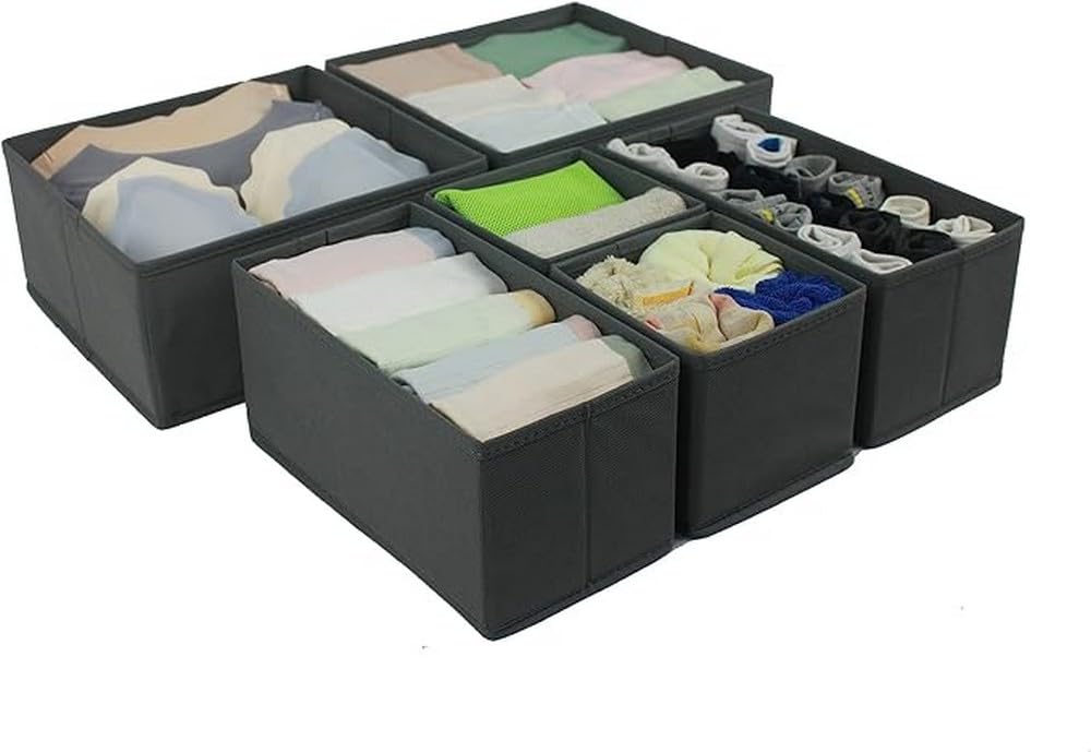 Amazon Basics Cloth Drawer Storage Organizer Boxes for Socks, Underwear and Baby Items, Set of 6, Gray