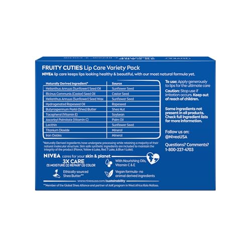 NIVEA Lip Care, Fruity Tinted Lip Balm Variety Pack, Cherry, Strawberry, Blackberry and Watermelon Flavors, 3-in-1 Moisture, Repair and Color, 0.17 Oz Stick, Pack of 4