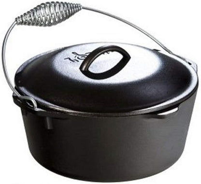 Lodge 5 Quart Pre-Seasoned Cast Iron Dutch Oven with Lid - Wire Bail Handle for Easy Transfer from Cooking Surface to Table - Use in the Oven, on the Stove, on the Grill or over the Campfire - Black