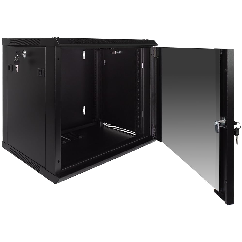 NavePoint 9U Server Rack Enclosure with Glass Door, Cooling Fan, Locks, & Removable Side Panels - 9U Wall Mount Network Cabinet 19 Inch Rack 17.7 Inches Deep