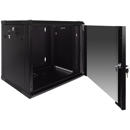 NavePoint 9U Server Rack Enclosure with Glass Door, Cooling Fan, Locks, & Removable Side Panels - 9U Wall Mount Network Cabinet 19 Inch Rack 17.7 Inches Deep