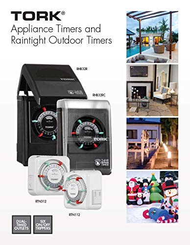NSi Industries TORK RHB32R Indoor/Outdoor 15-Amp Plug-in Heavy Duty Mechanical Timer 24-Hour Programming – GREEN & RED Trippers TWO Receptacles Black Cover