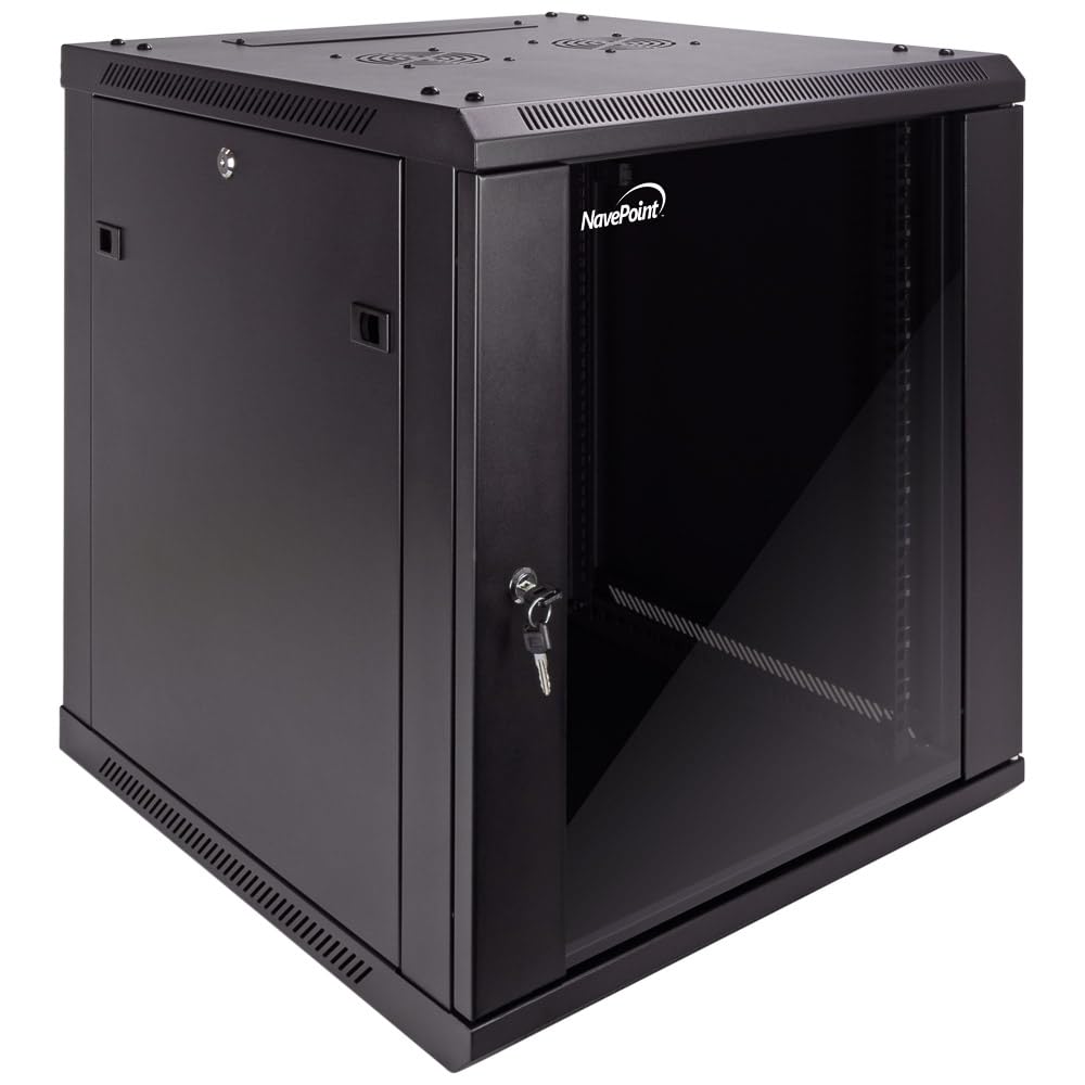 NavePoint 12U Server Cabinet Wall Mount Rack Enclosure Includes 2 Fans, Locking Glass Door, Removable Side Panels – 12U Network Cabinet 23.6” Deep, 19 Inch Server Rack for IT and A/V Equipment