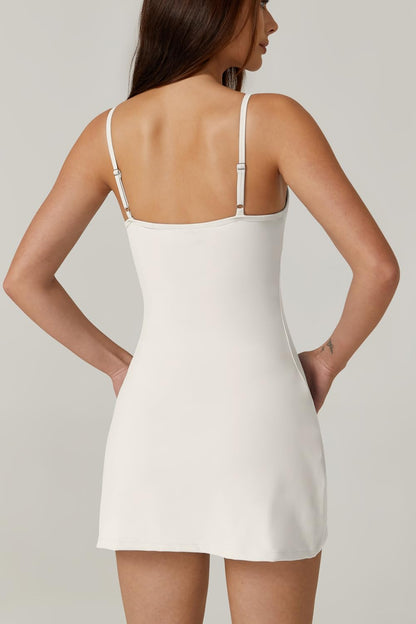 QINSEN Womens Spaghetti Strap Tennis Dress with Shorts Workout Side Slit Active Golf Dresses White S