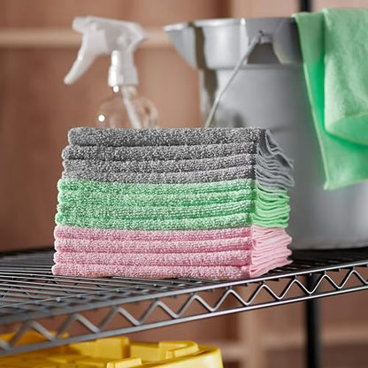 Amazon Basics Microfiber Cleaning Cloths, Ultra Soft and Absorbent, Free from Streaks/Lint/Scratch for Cars, 16" x 12", Green/Gray/Pink, 24-Pack