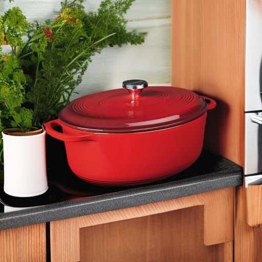 Lodge 7 Quart Enameled Cast Iron Oval Dutch Oven with Lid – Dual Handles – Oven Safe up to 500° F or on Stovetop - Use to Marinate, Cook, Bake, Refrigerate and Serve – Red