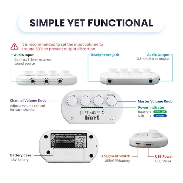 Maker hart JUST Mixer S Portable 3 Channels Stereo IN Mini Audio Mixer/2 Stereo Output/Battery/USB Power/3C Device