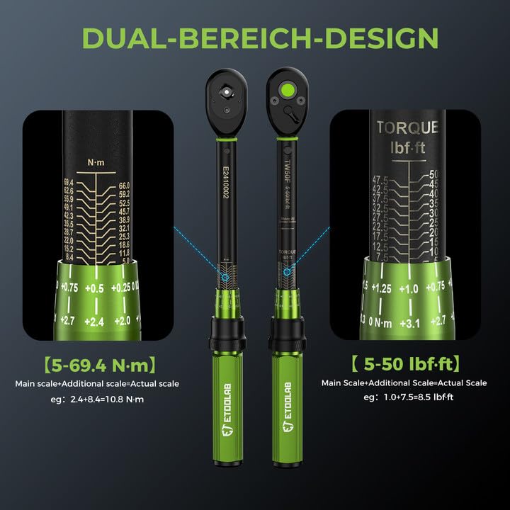 etoolab 3/8-Inch Drive Click Torque Wrench - 5-50Ft-Lb/5-69.4Nm, Dual-Direction Adjustable 72 Tooth Click Torque Wrench for Bike, Motorcycle and Car Repair