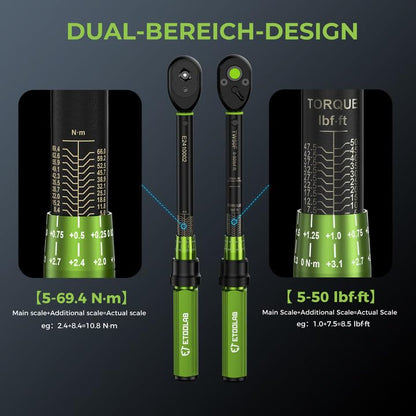 etoolab 3/8-Inch Drive Click Torque Wrench - 5-50Ft-Lb/5-69.4Nm, Dual-Direction Adjustable 72 Tooth Click Torque Wrench for Bike, Motorcycle and Car Repair