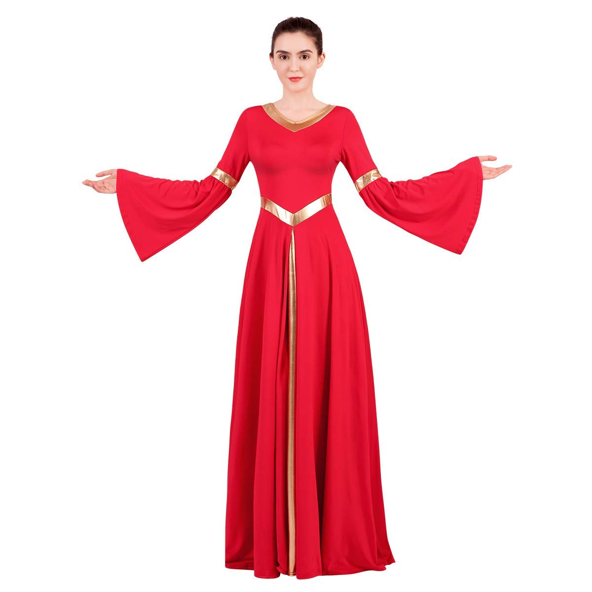 Metallic V Neck Women Adult Full Length Bell Long Sleeves Loose Fit Liturgical Praise Dance Dress Swing Casual Ballet Dance Costume Birthday Party Outfit Maxi Gowns Ballet Praisewear Red+Gold XS