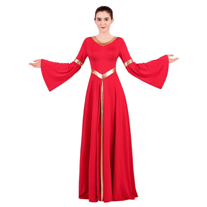 Metallic V Neck Women Adult Full Length Bell Long Sleeves Loose Fit Liturgical Praise Dance Dress Swing Casual Ballet Dance Costume Birthday Party Outfit Maxi Gowns Ballet Praisewear Red+Gold XS