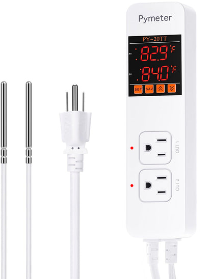 Pymeter Digital Temperature Controller Dual Probe Reptile Thermostat Controlled Outlet for Terrarium Heat Mat Heating Pad, Switch Cooling Fan Freezer Fridge ON & Off at Setpoints 10A 1200W