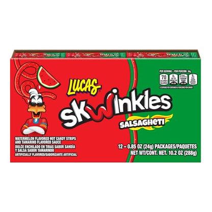 Lucas Salsagheti Watermelon Flavored Hot Candy Strips and Tamarind Sauce, 0.84 oz - 12 Pieces Pack for Treats, Snack, Parties, Piñatas,0.84 Ounce (Pack of 12)