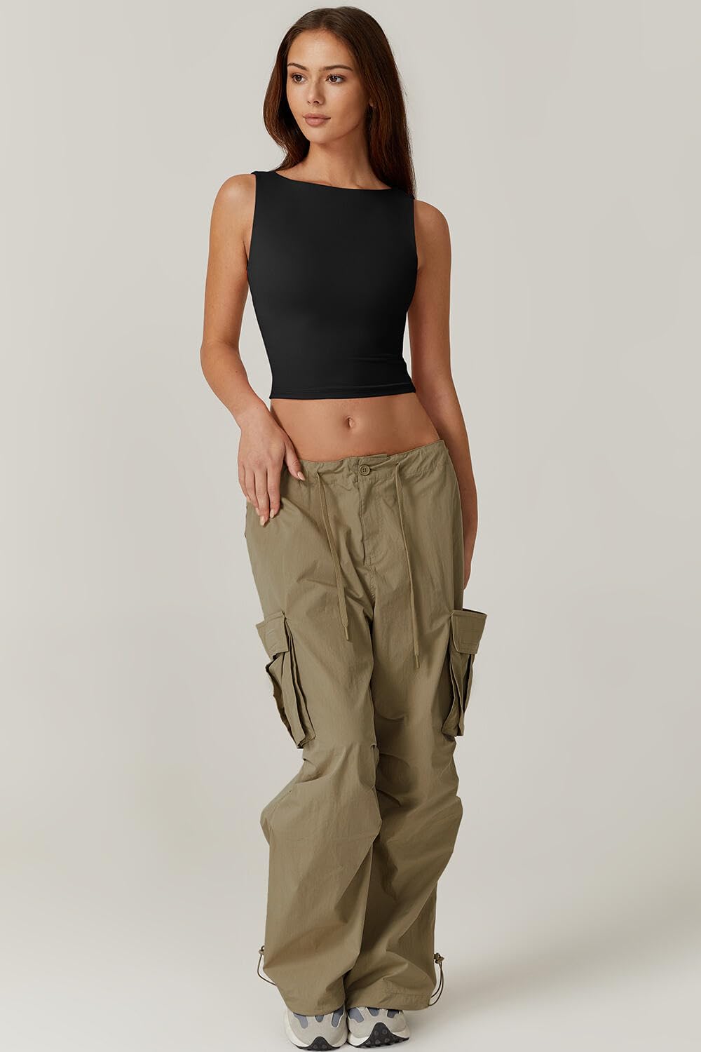 QINSEN High Neck Open Back Cropped Tops for Women Sleeveless Summer Y2K Tee Shirts Black XL