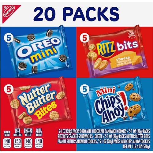Nabisco Classic Mix Variety Pack, OREO Mini, CHIPS AHOY! Mini, Nutter Butter Bites, RITZ Bits Cheese, School Snacks, 20 - 1 oz Snack Packs