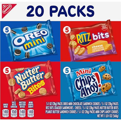 Nabisco Classic Mix Variety Pack, OREO Mini, CHIPS AHOY! Mini, Nutter Butter Bites, RITZ Bits Cheese, School Snacks, 20 - 1 oz Snack Packs