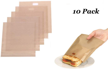 Non-Stick Reusable Toaster Bags (Set of 10) Various Sizes, Create Grilled Cheese Sandwiches in Toaster, Microwave Oven or Grill, Pizza Panini & Garlic Bread