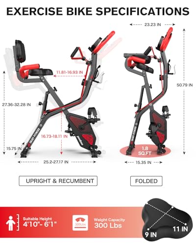 pooboo Folding Exercise Bike, Fitness Stationary Bike Machine, Upright Indoor Cycling Bike, 4-in-1 Magnetic X-Bike with 8-Level Adjustable Resistance, Bottle Holder, Arm Resistance Bands, Pulse Sensor & Back Support Cushion for Home Gym Workout (red)