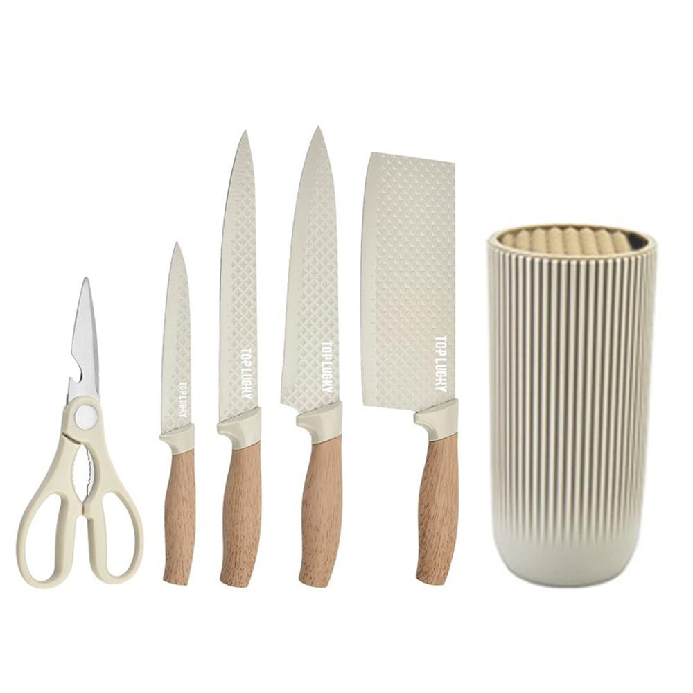 Knife Set, Wiztoynia 6-Piece Khaki Kitchen Knife Set for Home, Anti-Rust Non-stick Stainless Steel Sharp Chef Knife Sets with Universal Knife Block for Kitchen, Ergonomical Design (Khaki)