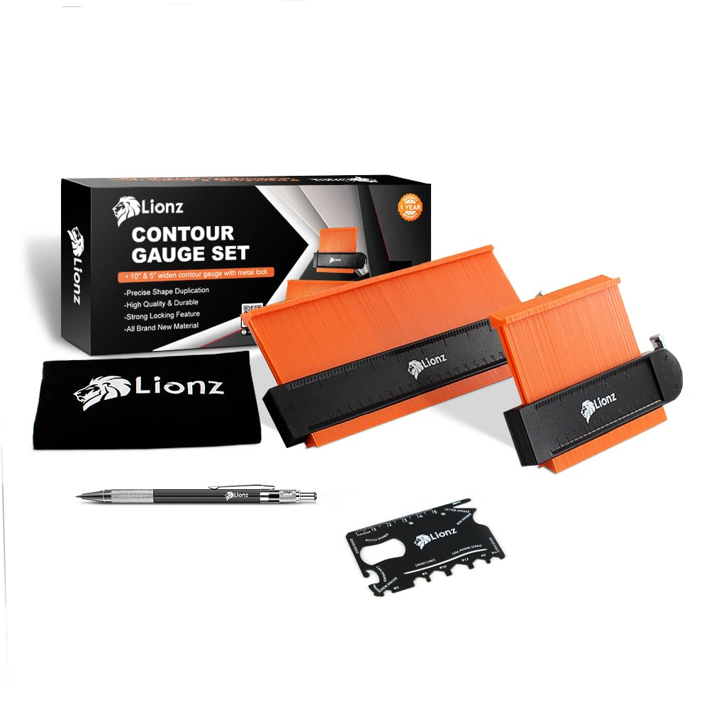 Lionz Contour Gauge with Lock, Mechanical pencil, and multifunction Tool 10+5 Inch, Super Gauge Shape and Outline tool to Copy Angles and Odd Shapes - Gift for Men, Handyman, DIY, Construction.