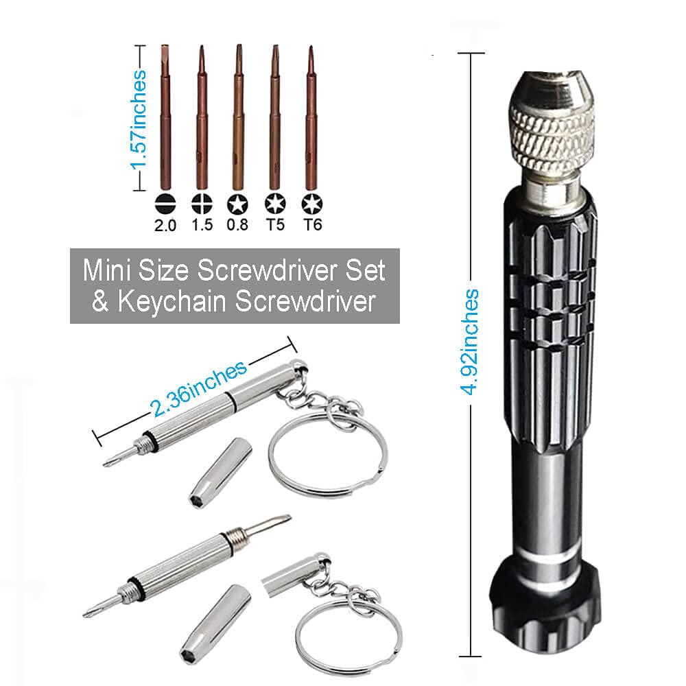 Eyeglass Repair Kit，5-in-1 Multifunctional Small Screwdriver(T6 Torx, T5, 1.5, -2.0, star0.8) & 3-in-1 Mini Keychain Screwdriver Kit for Cellphone, Glasses, Electronics, Watch, Laptop, Jewelry