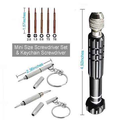 Eyeglass Repair Kit，5-in-1 Multifunctional Small Screwdriver(T6 Torx, T5, 1.5, -2.0, star0.8) & 3-in-1 Mini Keychain Screwdriver Kit for Cellphone, Glasses, Electronics, Watch, Laptop, Jewelry