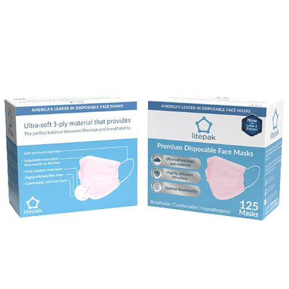 Litepak 125-Pack Disposable Face Mask Premium Comfort Earloops with Dispenser Box (Pink)