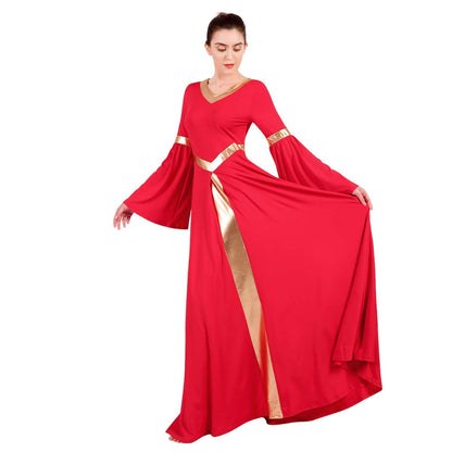 Metallic V Neck Women Adult Full Length Bell Long Sleeves Loose Fit Liturgical Praise Dance Dress Swing Casual Ballet Dance Costume Birthday Party Outfit Maxi Gowns Ballet Praisewear Red+Gold XS