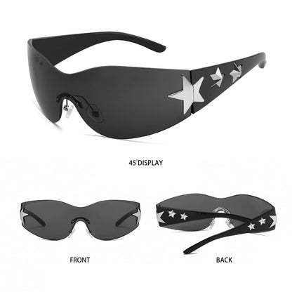 Haqptul Rimless Y2K Sunglasses Star Wrap Around Glasses 2000S Accessories for Women Men Trendy Fashion Cool Shield Shades (Black/White)