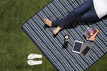 ONIVA - a Picnic Time brand - Vista Outdoor Picnic Blanket & Tote - Beach Blanket - Camping Blanket, (Blue Stripe Pattern with Navy Blue Exterior)