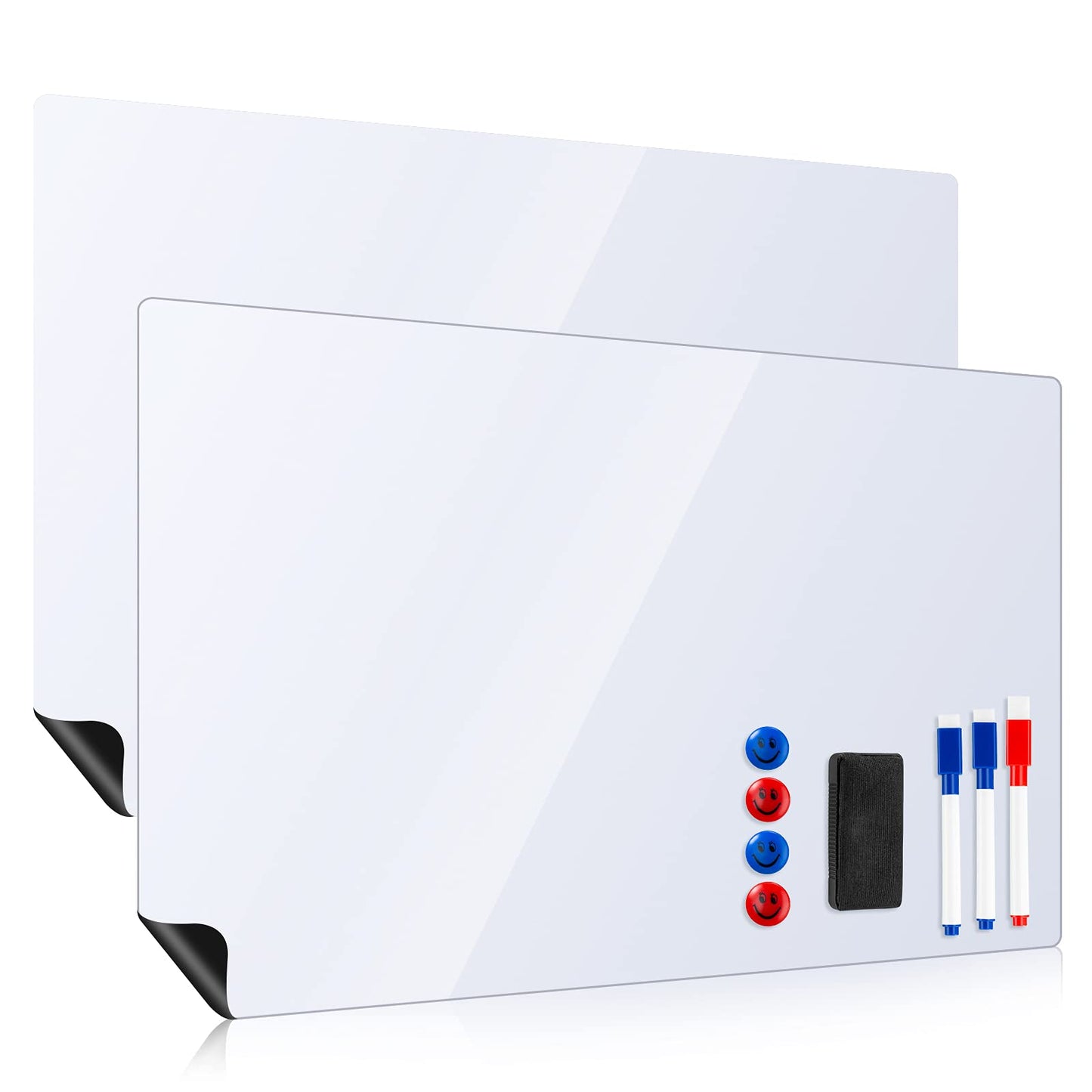 Magnetic Dry Erase White Boards for Refrigerator, 2 Pack 17”x12” Fridge Whiteboards Menu Organizer Boards, 3 Markers with Eraser, 1 Big Dry Eraser and 4 Pin Magnets for Grocery List, Planner, Kitchen