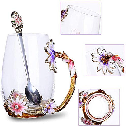 Luka Tech Enamel flower Lead-free Glass Coffee Mugs Tea Cup with Steel Spoon, Best Birthday Gifts For Women Wife Mom Friends Mothers Valentines Day Christmas