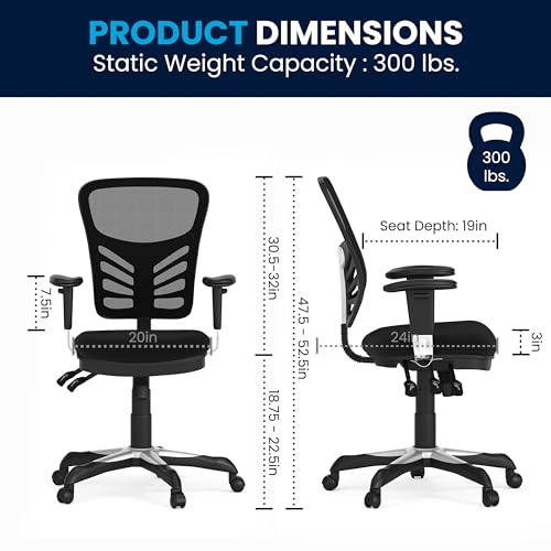 Flash Furniture Nicholas Mid-Back Swivel Desk Chair with Wheels, Mesh Back, Padded Seat, and Armrests, Adjustable Height Mesh Ergonomic Office Chair, Black