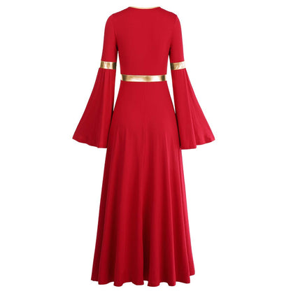 Metallic V Neck Women Adult Full Length Bell Long Sleeves Loose Fit Liturgical Praise Dance Dress Swing Casual Ballet Dance Costume Birthday Party Outfit Maxi Gowns Ballet Praisewear Red+Gold XS
